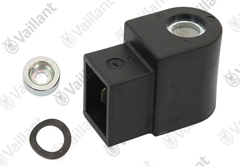 Vaillant Spule in schwarzem Gehäuse, daneben eine metallene Unterlegscheibe und ein O-Ring.